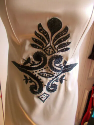 Asos size14,cream satin strappless, boned bodice dress-lined,black beadwork