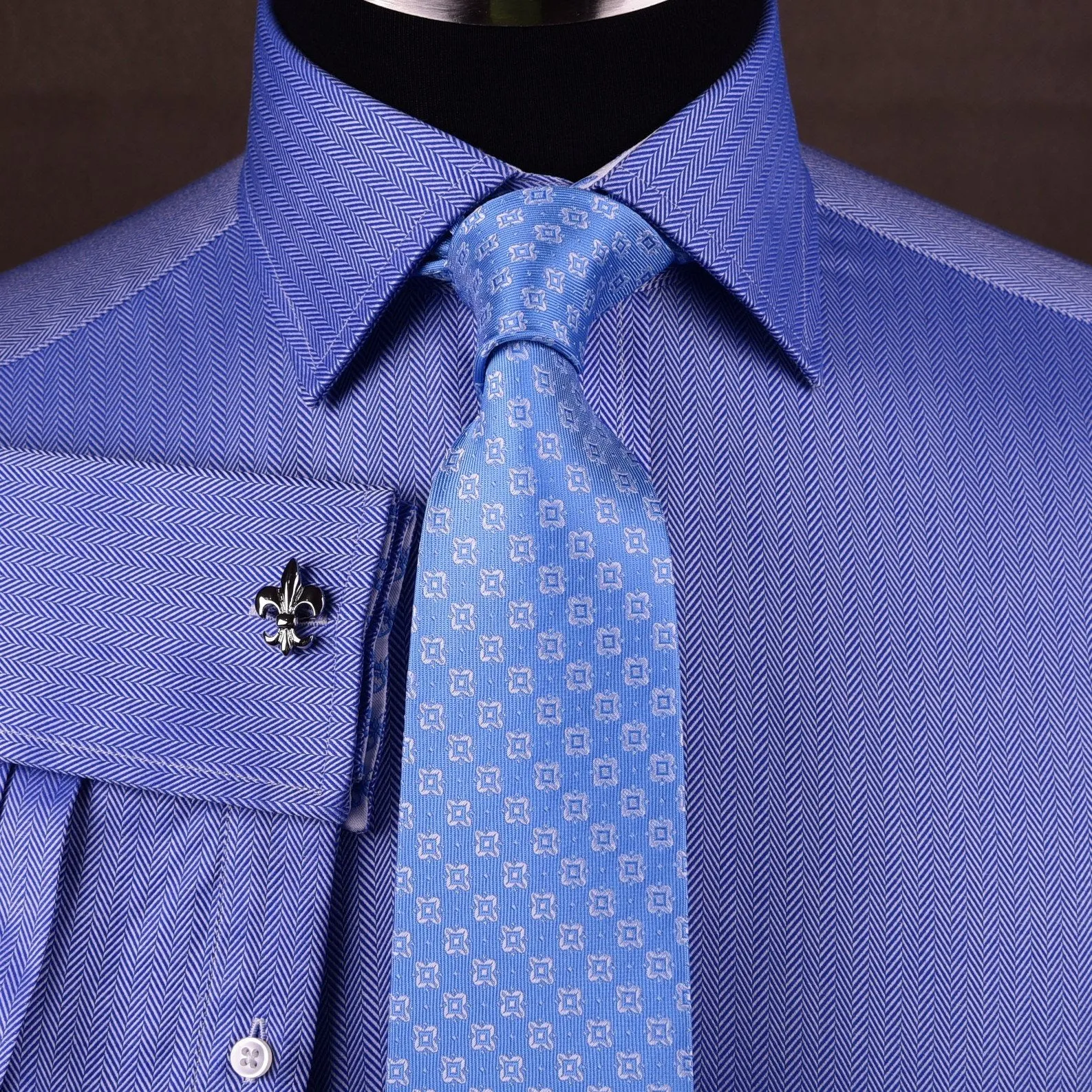 Luxury Blue Herringbone Twill Business Dress Shirt w Fleur-De-Lis