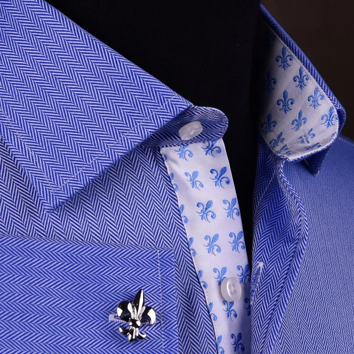 Luxury Blue Herringbone Twill Business Dress Shirt w Fleur-De-Lis