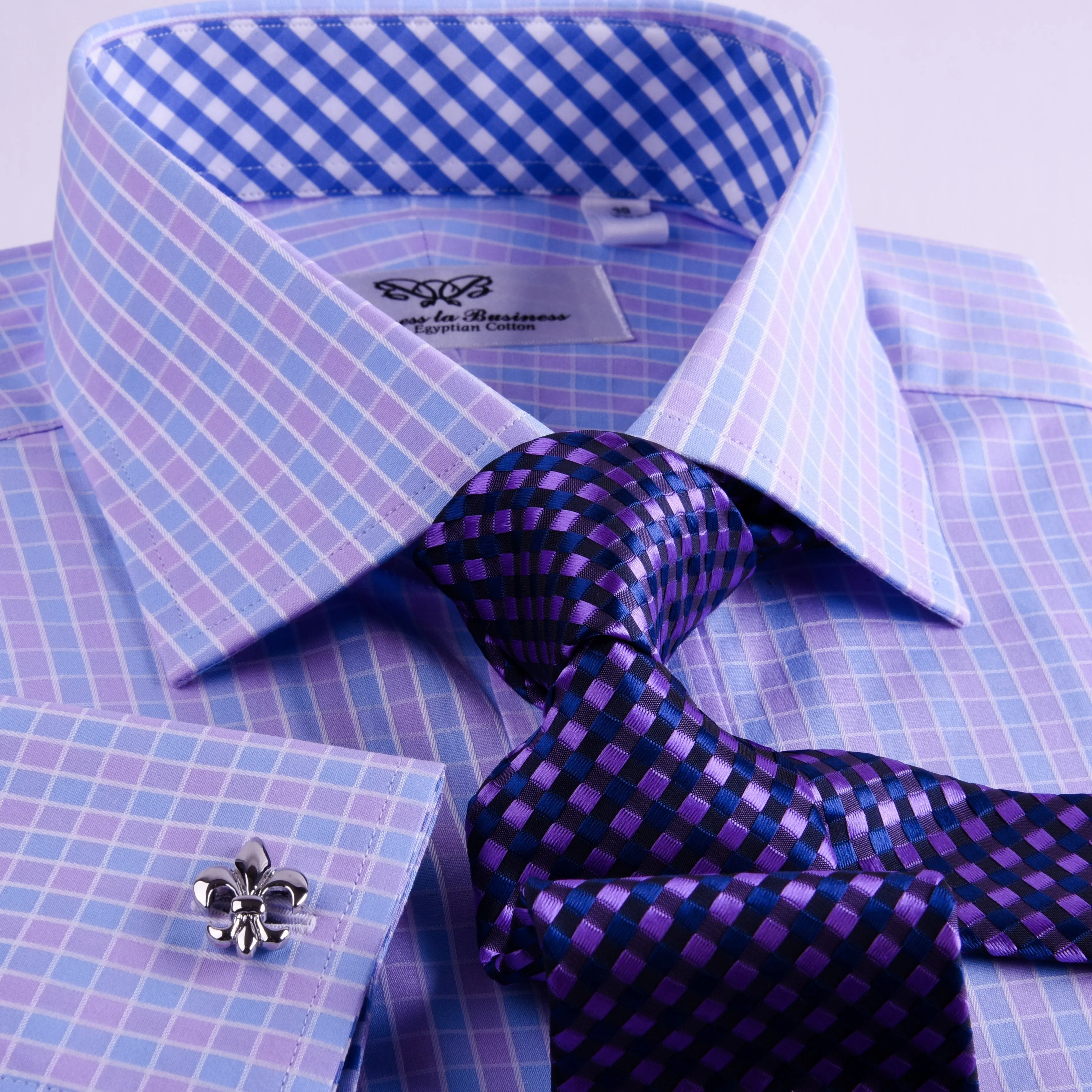 Purple Blue Designer Checkered Formal Business Dress Shirt With Blue Check Inner Lining